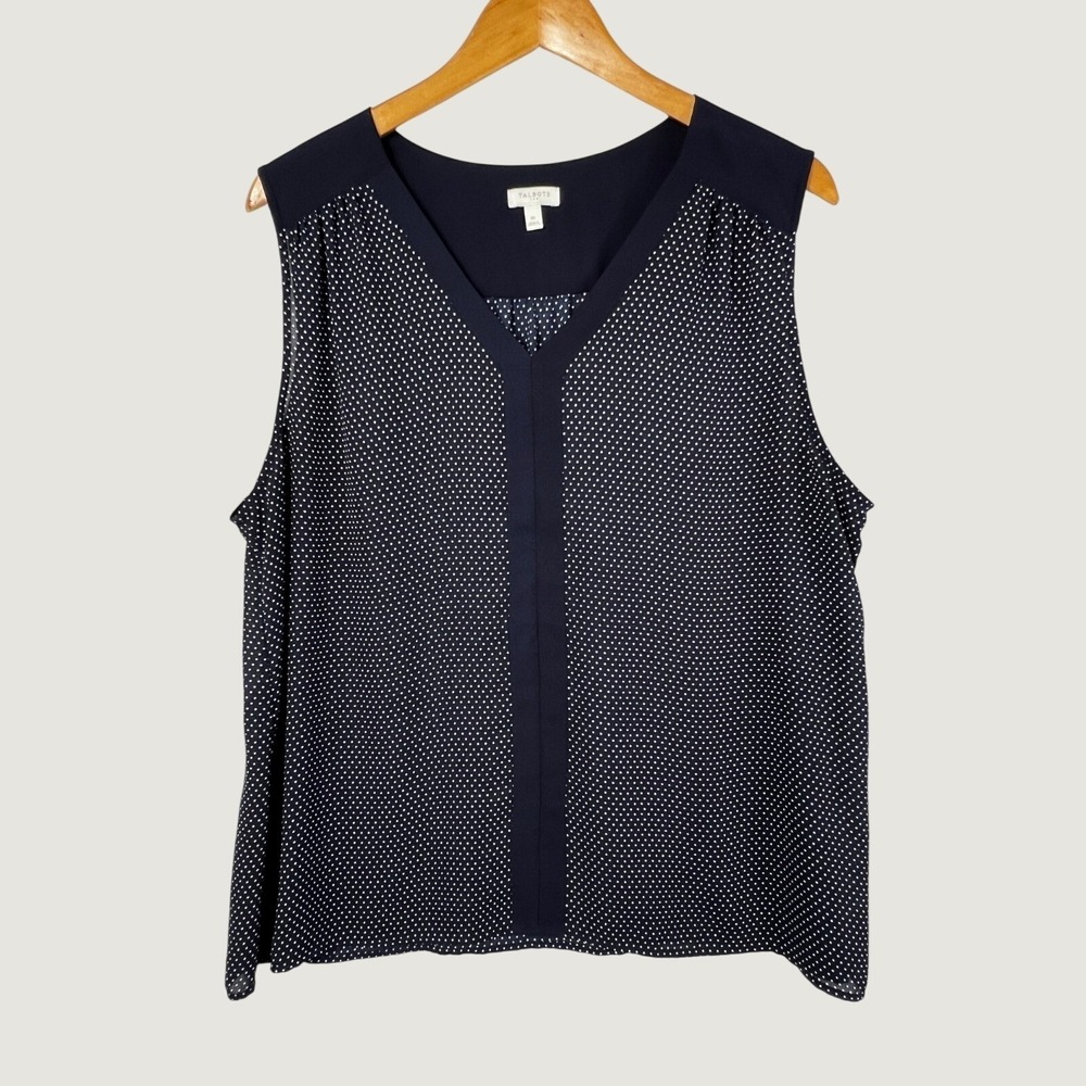 Talbots Blouse Women XL Navy Polka Dot Sleeveless V-Neck Shell Career Top